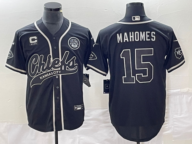 Men??s Kansas City Chiefs #15 Patrick Mahomes Black With 4-star C Patch Cool Bae Stitched Baseball Jersey